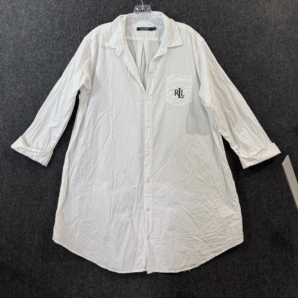 Lauren Ralph Lauren Sleep Shirt Women's XL White Stripe Shirt 3/4 Sleeve Logo